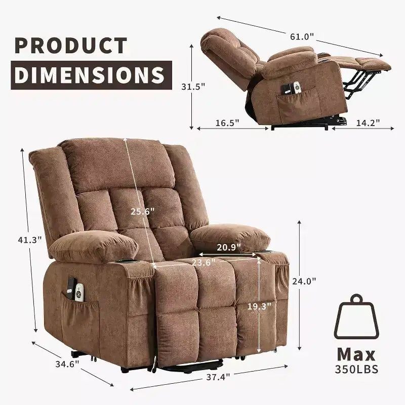 Fauteuil inclinable releveur avec massage, porte-gobelets, poches de rangement, pour salon