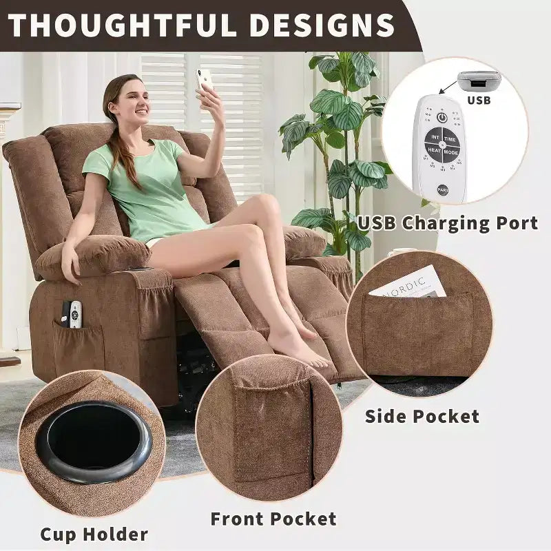 Fauteuil inclinable releveur avec massage, porte-gobelets, poches de rangement, pour salon