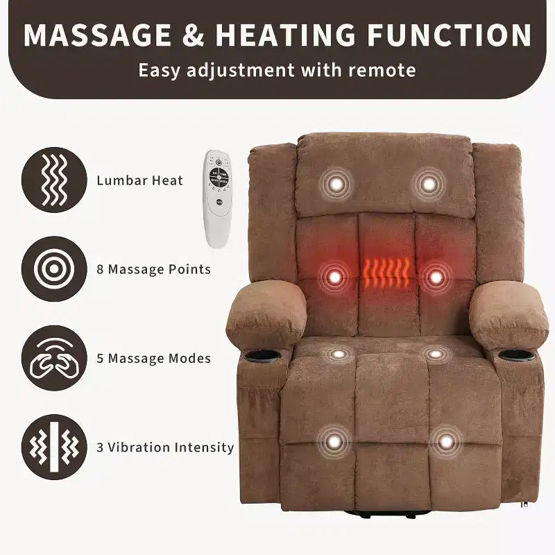 Fauteuil inclinable releveur avec massage, porte-gobelets, poches de rangement, pour salon