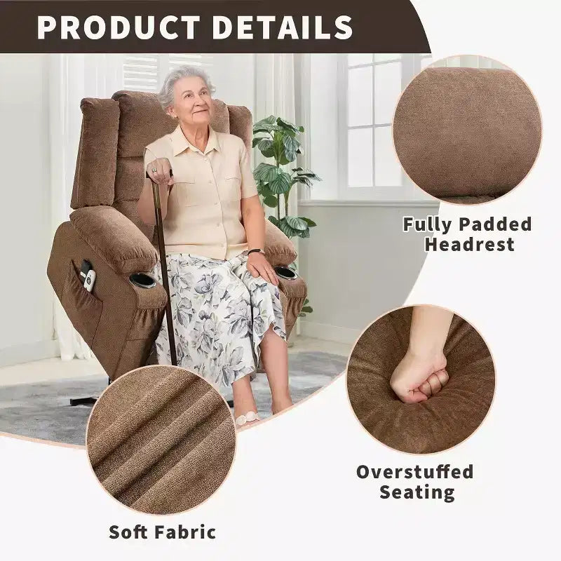 Fauteuil inclinable releveur avec massage, porte-gobelets, poches de rangement, pour salon