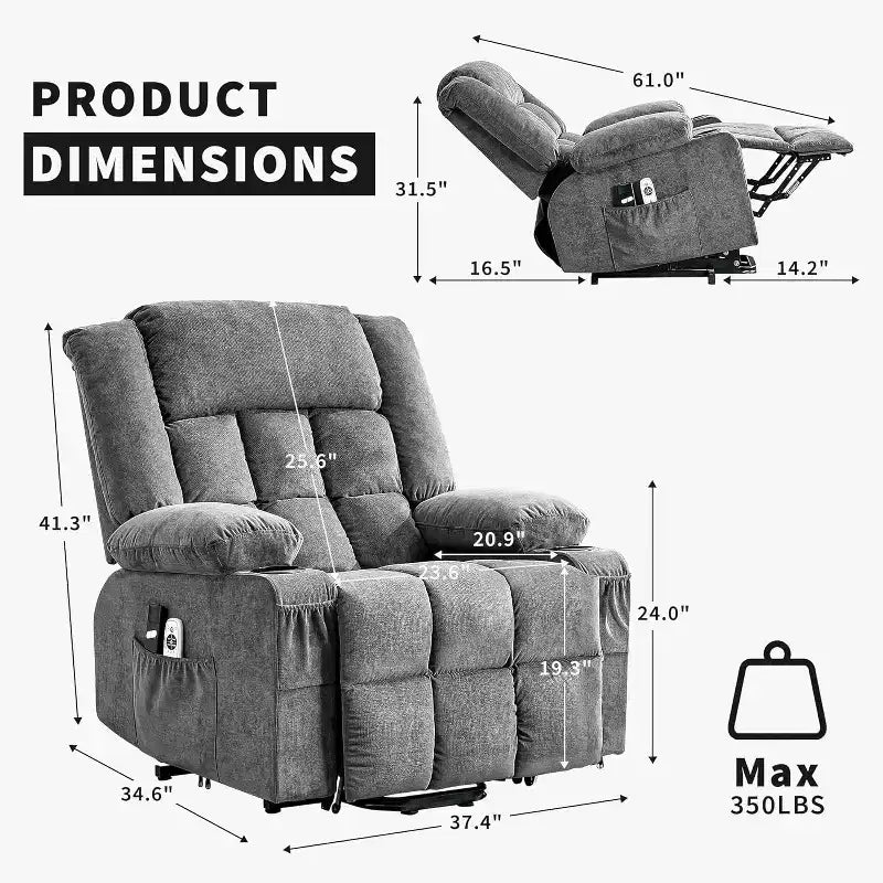 Fauteuil inclinable releveur avec massage, porte-gobelets, poches de rangement, pour salon