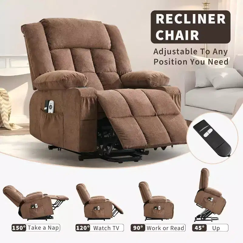 Fauteuil inclinable releveur avec massage, porte-gobelets, poches de rangement, pour salon