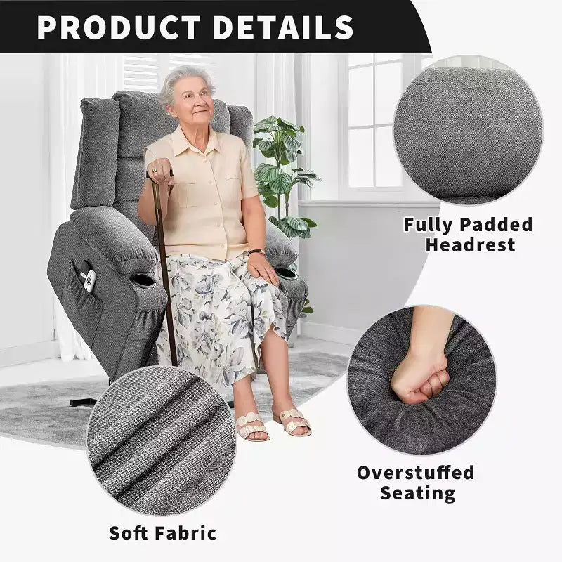 Fauteuil inclinable releveur avec massage, porte-gobelets, poches de rangement, pour salon