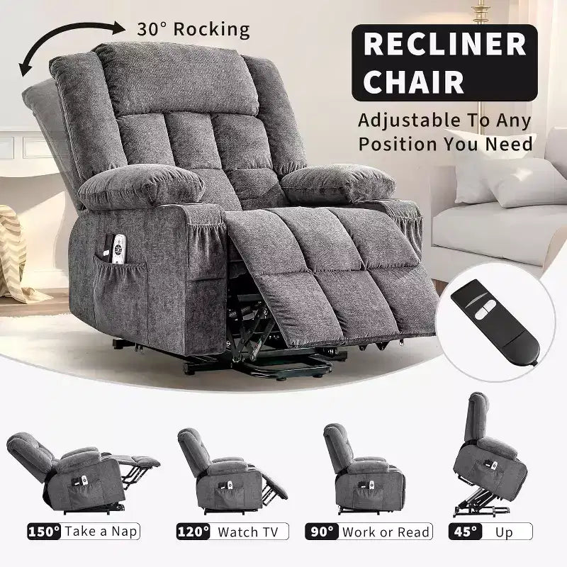 Fauteuil inclinable releveur avec massage, porte-gobelets, poches de rangement, pour salon