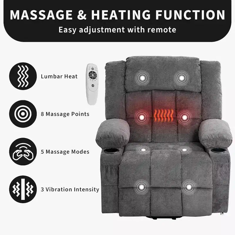 Fauteuil inclinable releveur avec massage, porte-gobelets, poches de rangement, pour salon