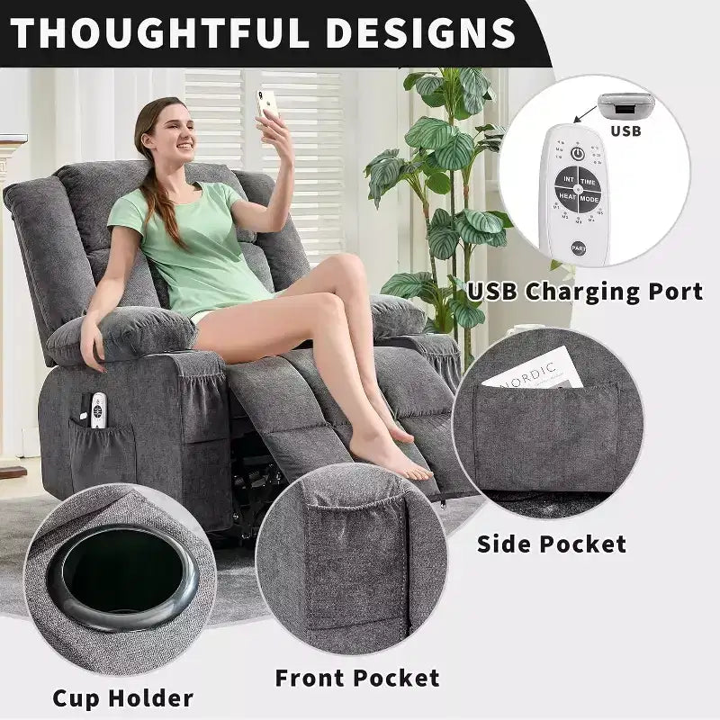 Fauteuil inclinable releveur avec massage, porte-gobelets, poches de rangement, pour salon
