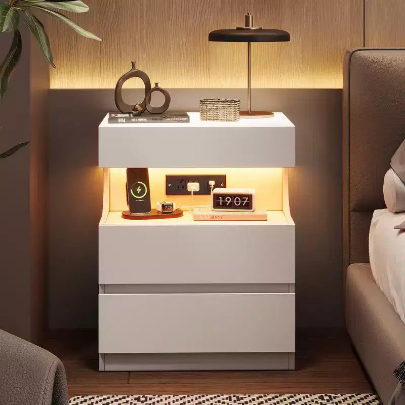 White Smart Nightstand C App-Controlled LED Lights & Charging Station with 3 Drawers for Bedroom