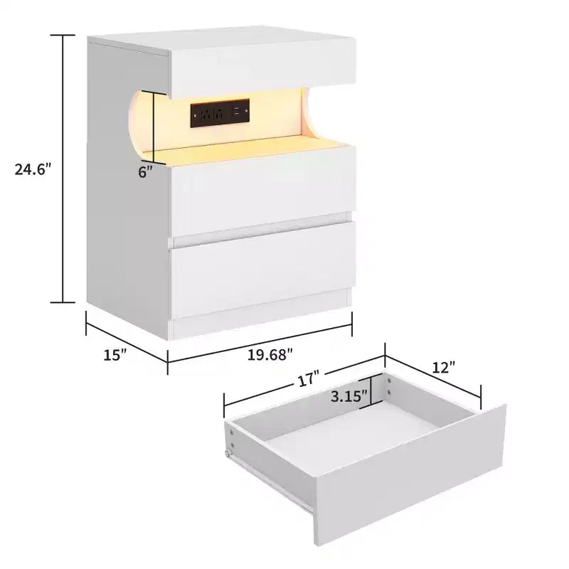 Table de chevet intelligente avec lumières LED contrôlées par application, station de charge et 3 tiroirs, blanche