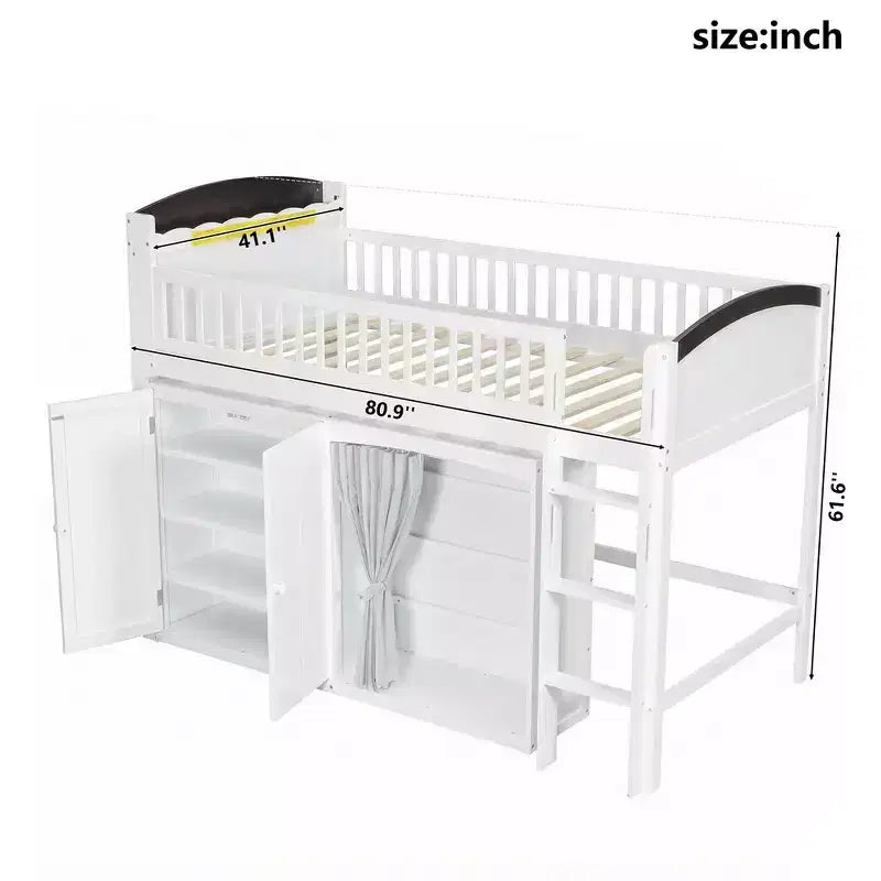 Cadre de lit mezzanine simple avec armoire de rangement, penderie et lattes en bois