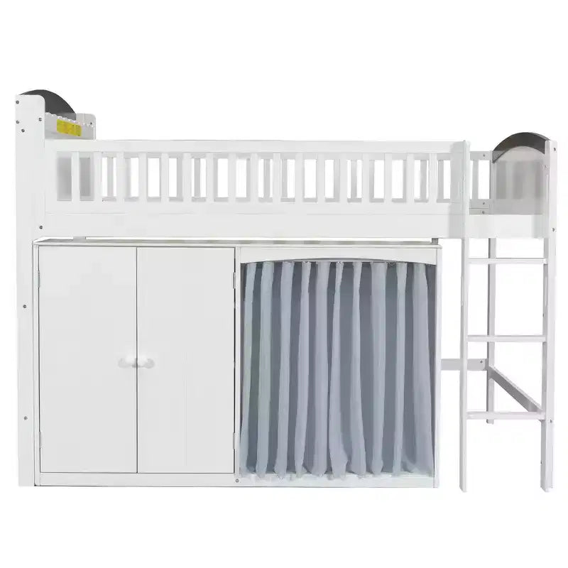 Cadre de lit mezzanine simple avec armoire de rangement, penderie et lattes en bois