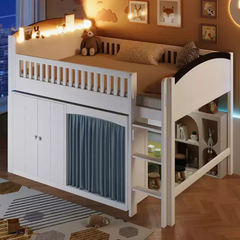 Cadre de lit mezzanine simple avec armoire de rangement, penderie et lattes en bois