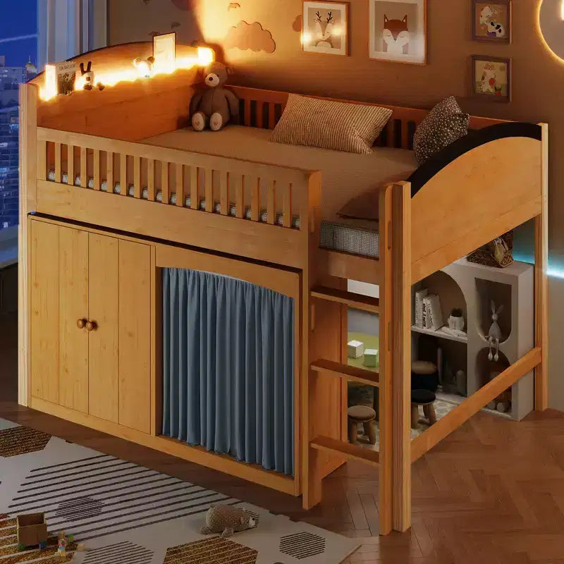 Cadre de lit mezzanine simple avec armoire de rangement, penderie et lattes en bois