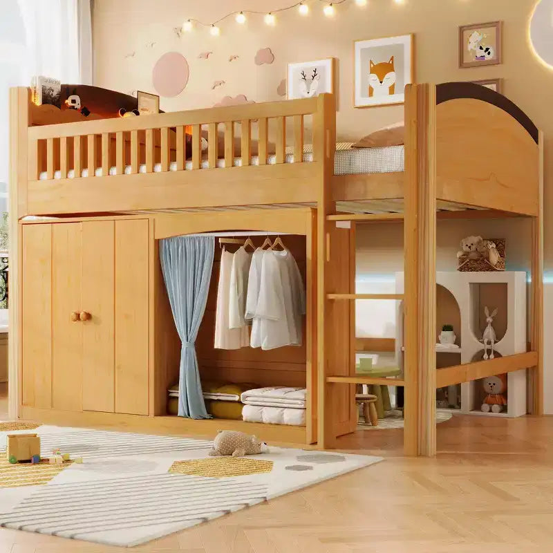 Cadre de lit mezzanine simple avec armoire de rangement, penderie et lattes en bois