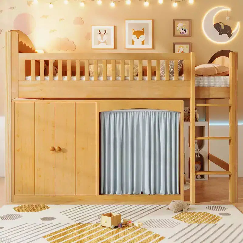 Cadre de lit mezzanine simple avec armoire de rangement, penderie et lattes en bois