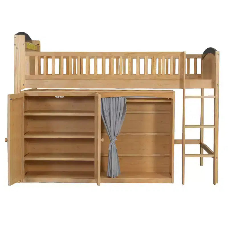 Cadre de lit mezzanine simple avec armoire de rangement, penderie et lattes en bois