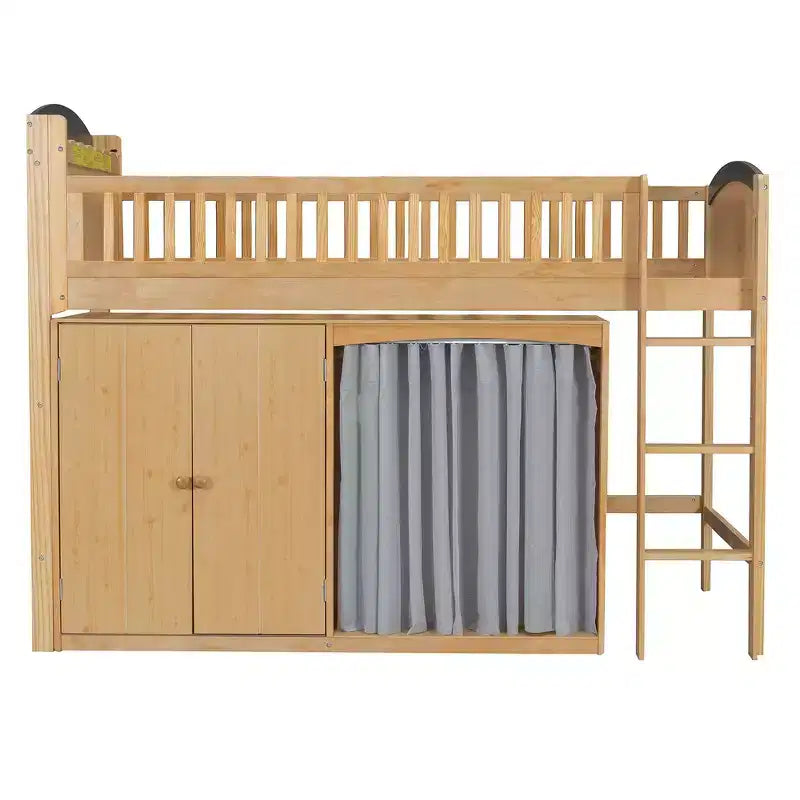 Cadre de lit mezzanine simple avec armoire de rangement, penderie et lattes en bois