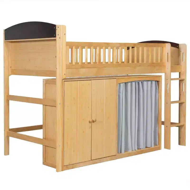 Cadre de lit mezzanine simple avec armoire de rangement, penderie et lattes en bois
