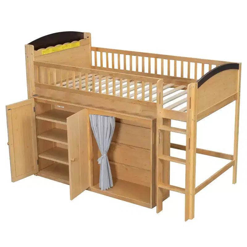 Cadre de lit mezzanine simple avec armoire de rangement, penderie et lattes en bois