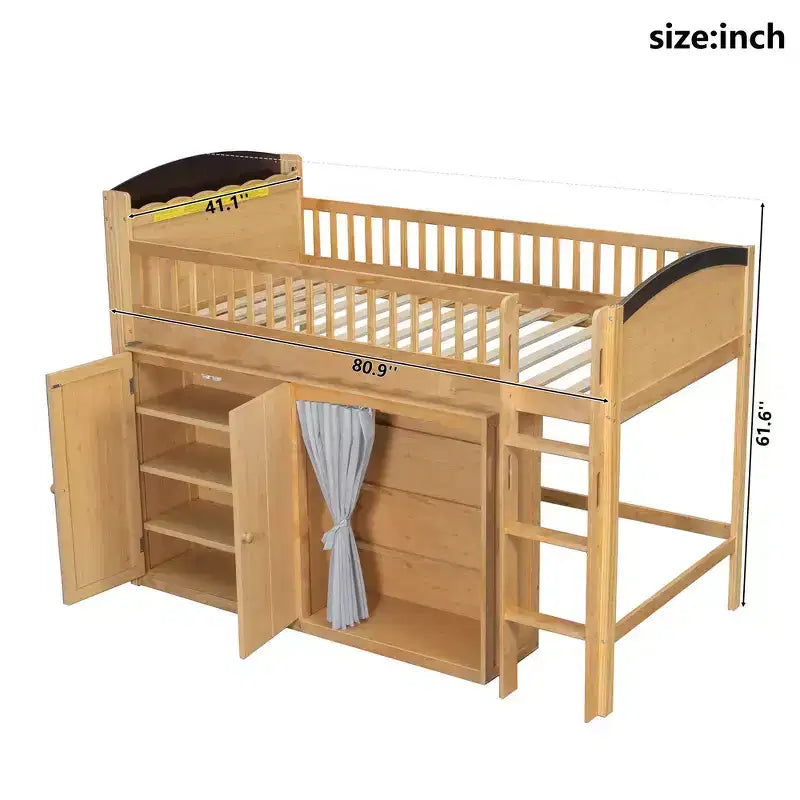 Cadre de lit mezzanine simple avec armoire de rangement, penderie et lattes en bois