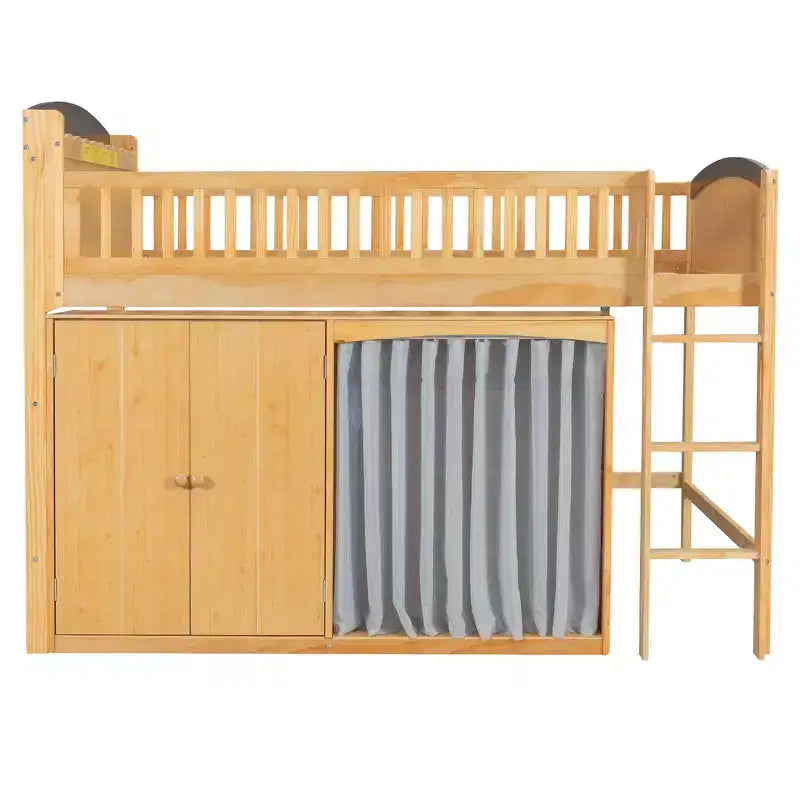 Cadre de lit mezzanine simple avec armoire de rangement, penderie et lattes en bois