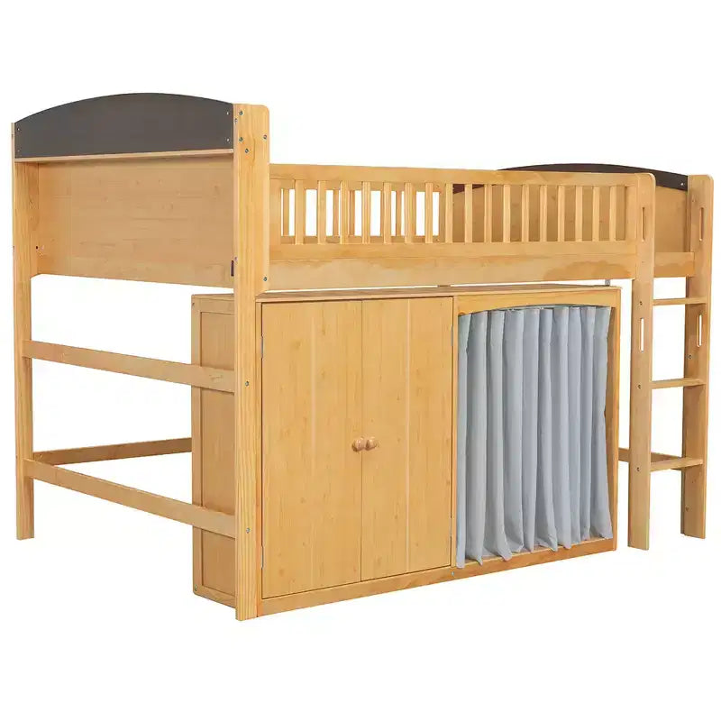 Cadre de lit mezzanine simple avec armoire de rangement, penderie et lattes en bois