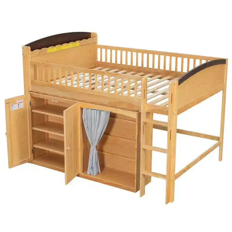 Cadre de lit mezzanine simple avec armoire de rangement, penderie et lattes en bois