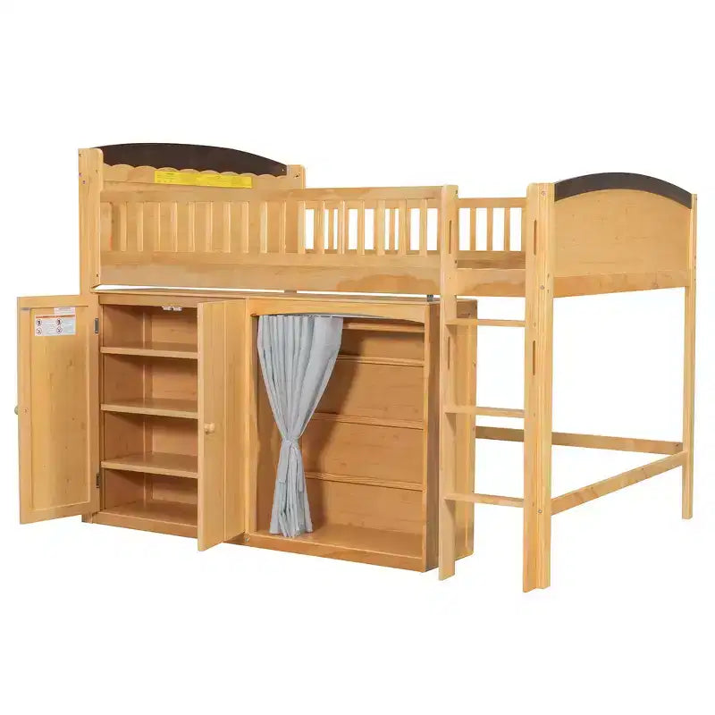 Cadre de lit mezzanine simple avec armoire de rangement, penderie et lattes en bois