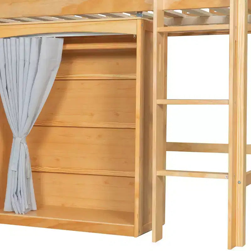 Cadre de lit mezzanine simple avec armoire de rangement, penderie et lattes en bois