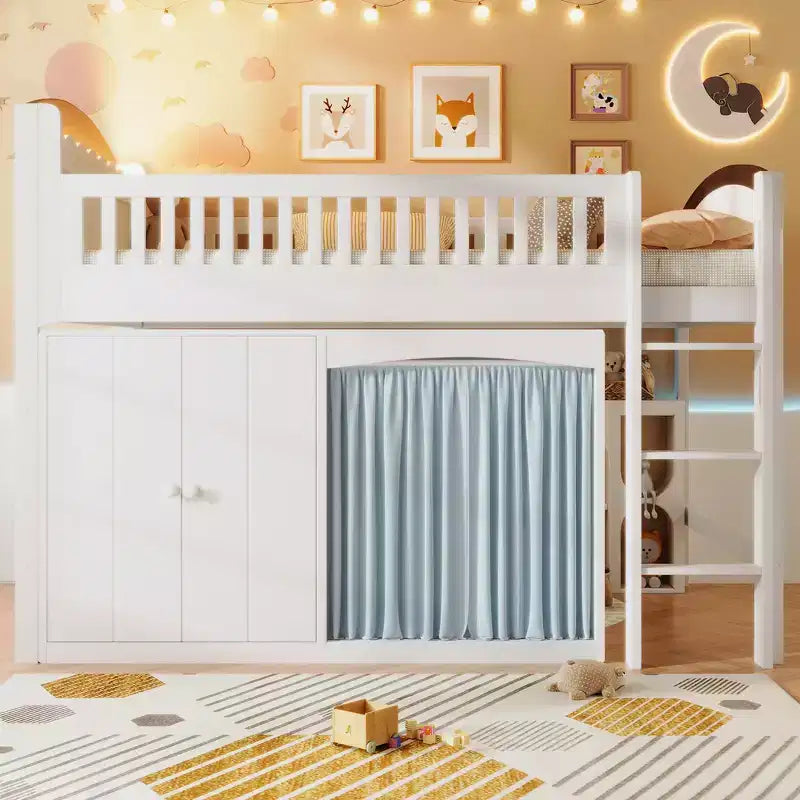 Cadre de lit mezzanine simple avec armoire de rangement, penderie et lattes en bois