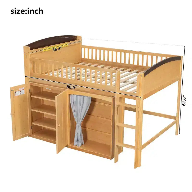 Cadre de lit mezzanine simple avec armoire de rangement, penderie et lattes en bois