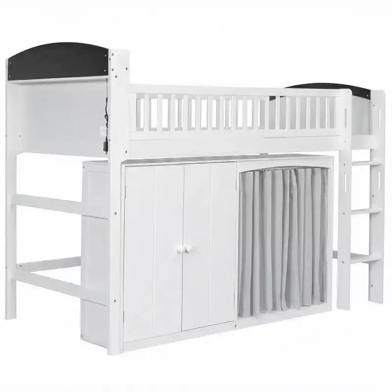 Cadre de lit mezzanine simple avec armoire de rangement, penderie et lattes en bois