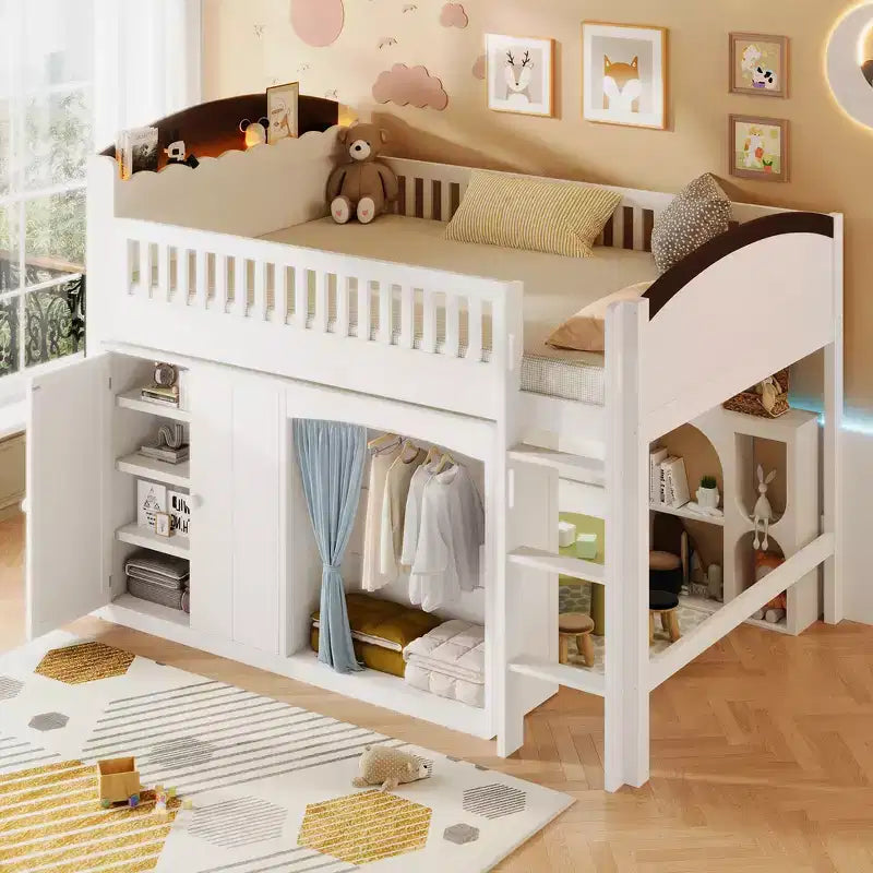 Cadre de lit mezzanine simple avec armoire de rangement, penderie et lattes en bois