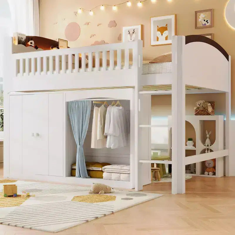 Whisen Twin Size Loft Bed Frame with Storage Cabinet, Wardrobe, Sturdy Construction