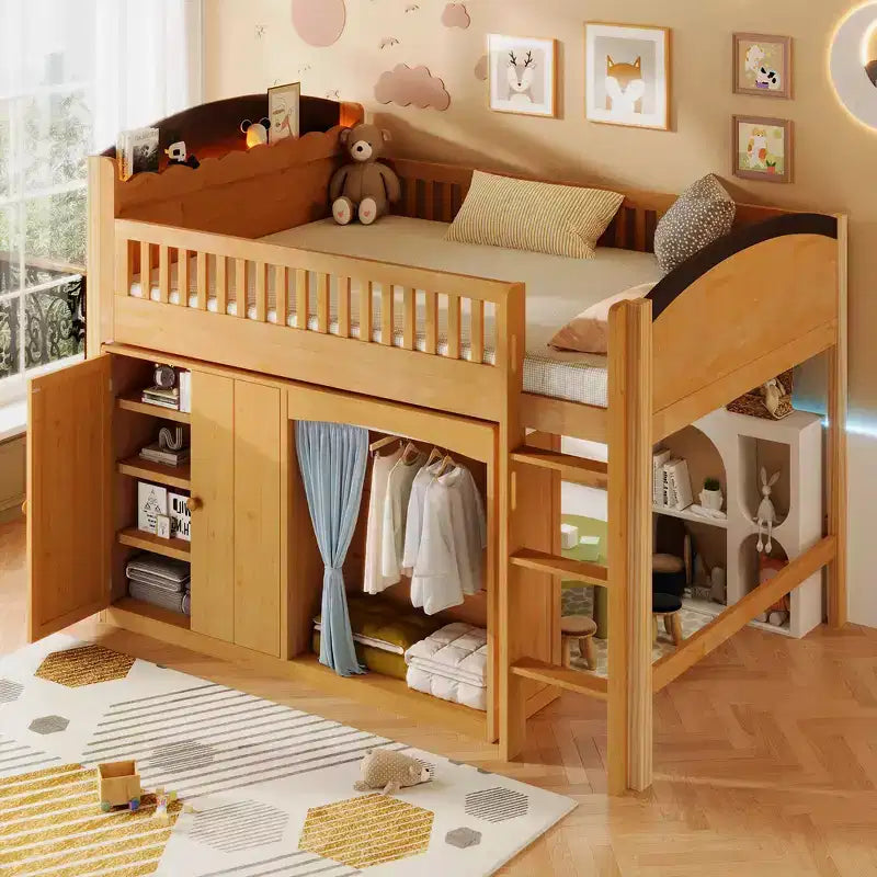 Cadre de lit mezzanine simple avec armoire de rangement, penderie et lattes en bois