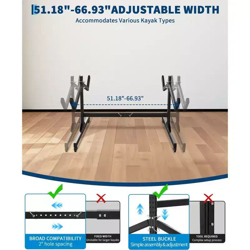 Support de rangement autoportant en acier pour 2 kayaks avec roues, largeur réglable et sangles de suspension