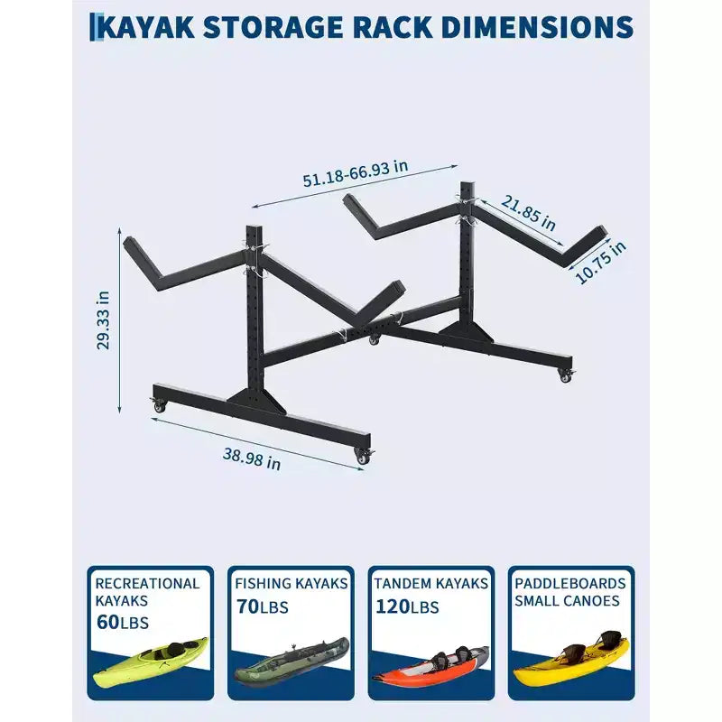 Support de rangement autoportant en acier pour 2 kayaks avec roues, largeur réglable et sangles de suspension