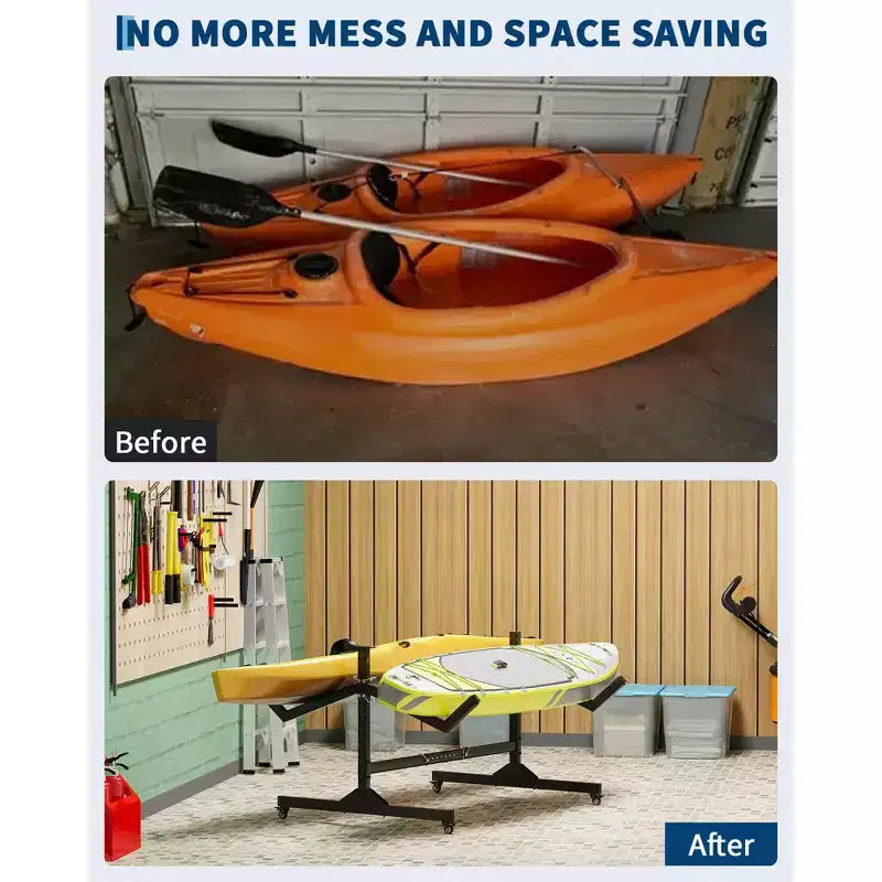 Support de rangement autoportant en acier pour 2 kayaks avec roues, largeur réglable et sangles de suspension