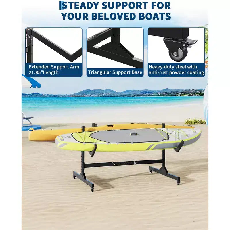 Support de rangement autoportant en acier pour 2 kayaks avec roues, largeur réglable et sangles de suspension