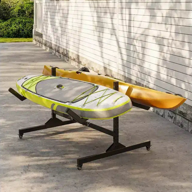 Support de rangement autoportant en acier pour 2 kayaks avec roues, largeur réglable et sangles de suspension