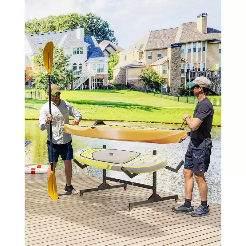 Support de rangement autoportant en acier pour 2 kayaks avec roues, largeur réglable et sangles de suspension