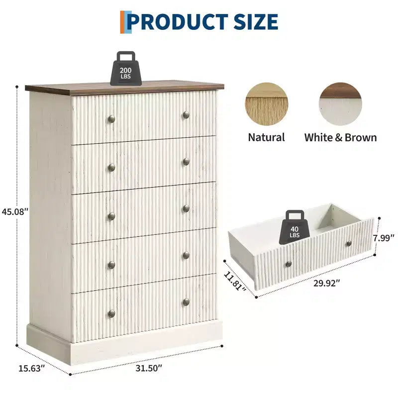 Commode haute à 5 tiroirs pour chambre à coucher, commode verticale cannelée, commode de rangement en bois avec poignées, commode peu encombrante pour appartement ou chambre d'amis