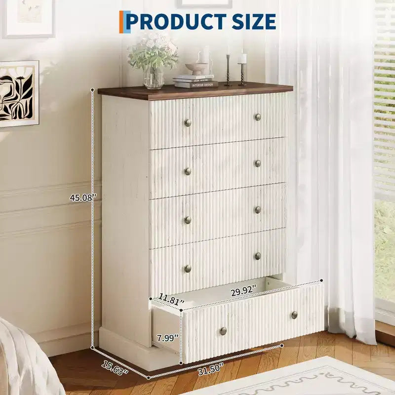 Commode haute à 5 tiroirs pour chambre à coucher, commode verticale cannelée, commode de rangement en bois avec poignées, commode peu encombrante pour appartement ou chambre d'amis