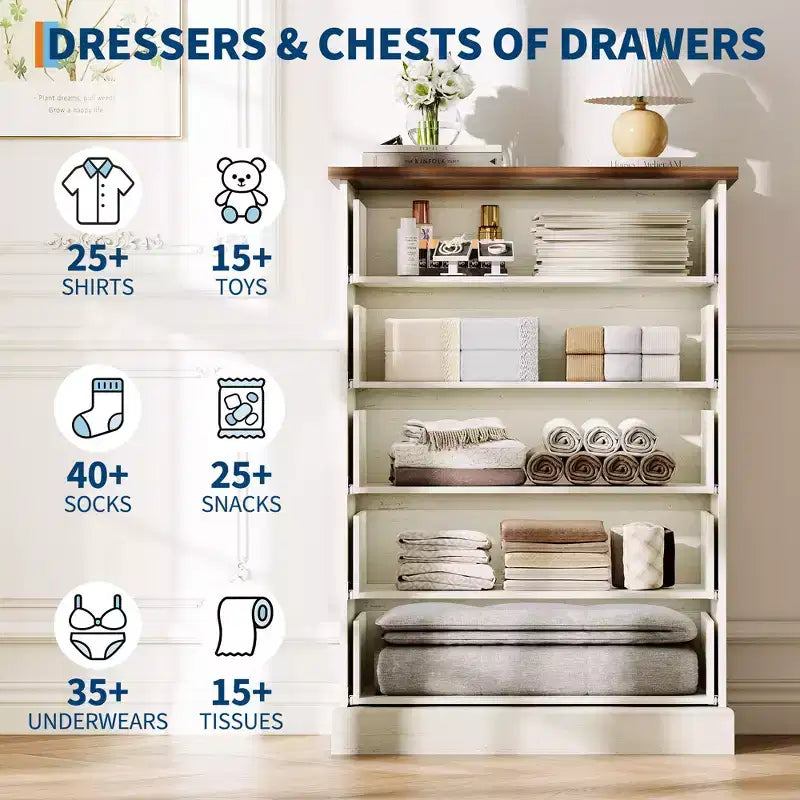 Commode haute à 5 tiroirs pour chambre à coucher, commode verticale cannelée, commode de rangement en bois avec poignées, commode peu encombrante pour appartement ou chambre d'amis