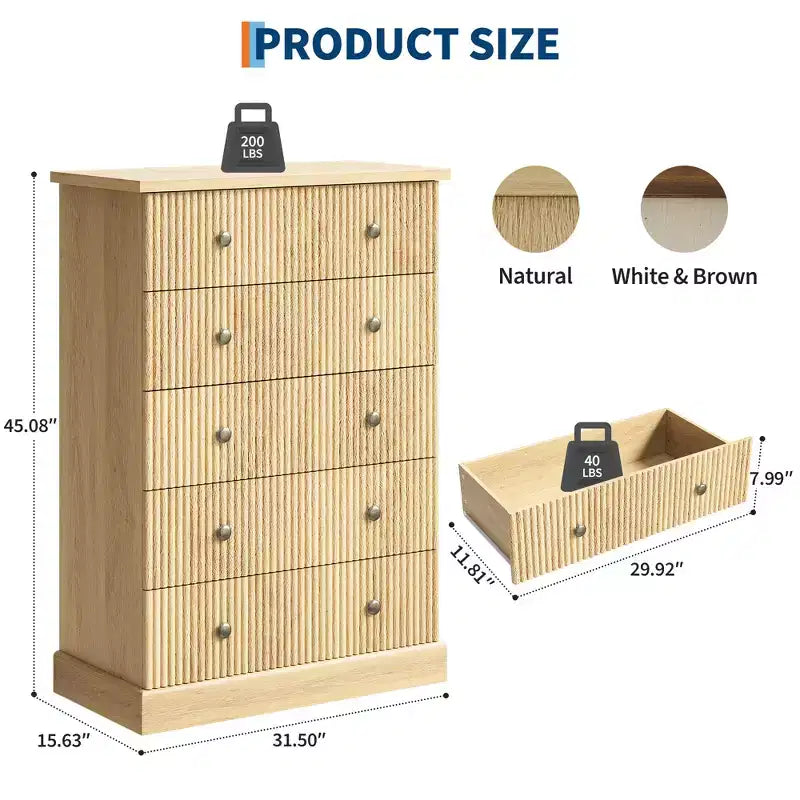 Commode haute à 5 tiroirs pour chambre à coucher, commode verticale cannelée, commode de rangement en bois avec poignées, commode peu encombrante pour appartement ou chambre d'amis