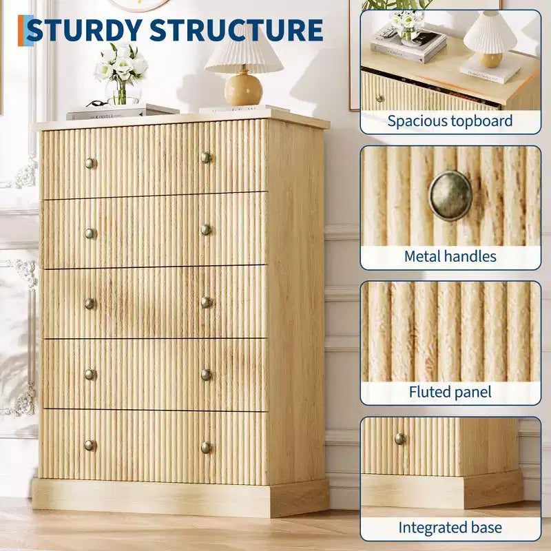 Commode haute à 5 tiroirs pour chambre à coucher, commode verticale cannelée, commode de rangement en bois avec poignées, commode peu encombrante pour appartement ou chambre d'amis