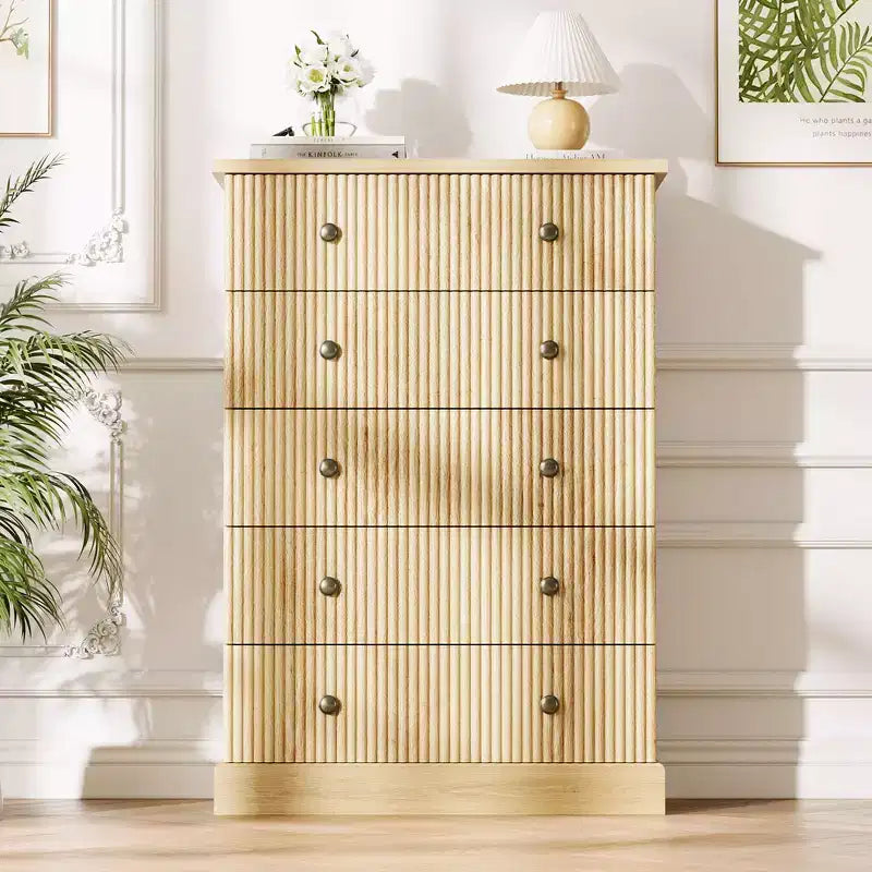 5 Drawer Tall Dresser for Bedroom, Fluted Vertical Chest of Drawers, Wood Storage Dresser with Handles, Space Saving Dresser for Apartment Guest Room