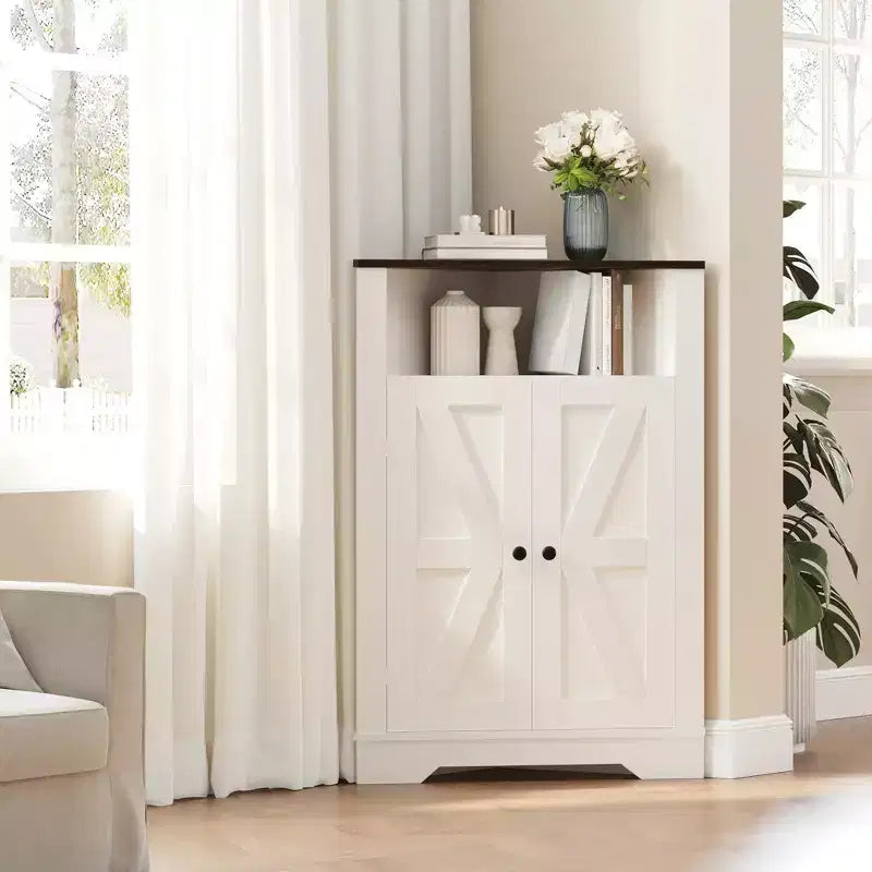 38.2 Tall Farmhouse Corner Cabinet with 2 Barn Doors,Farmhouse Storage Cabinet,3 Storage Shelves Space Saver for Living Room, Kitchen, Laundry Room