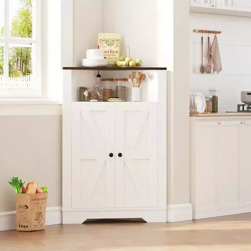 Armoire d'angle de ferme haute de 38,2 pouces avec 2 portes de grange, armoire de rangement de ferme, 3 étagères de rangement pour salon, cuisine, buanderie