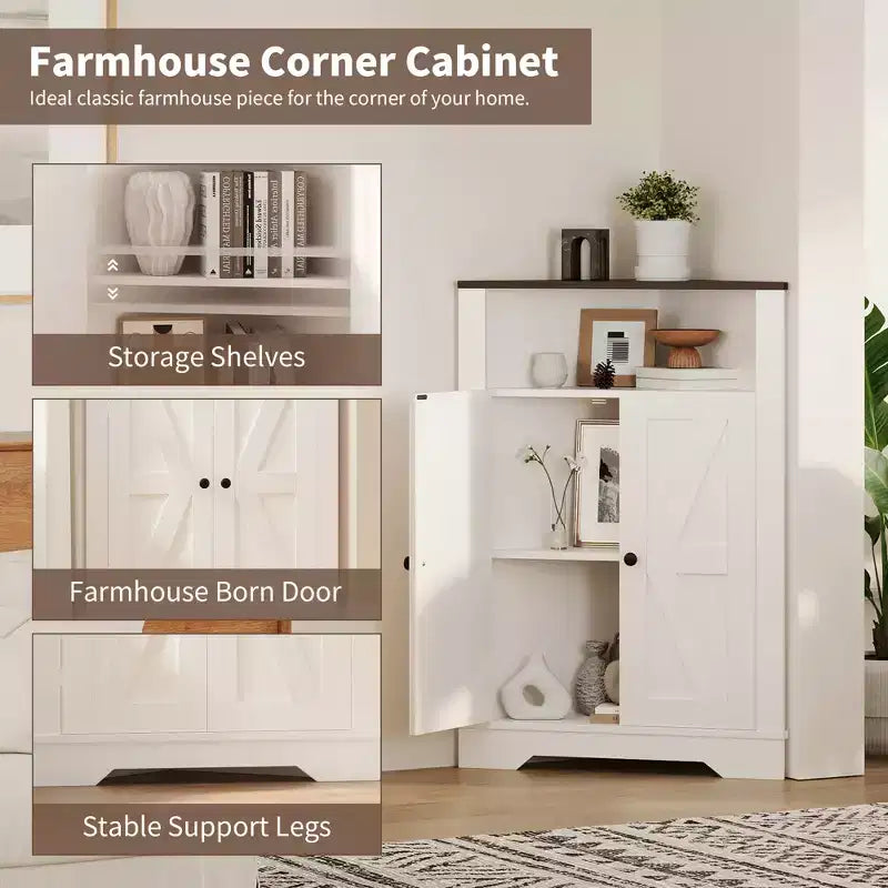 Armoire d'angle de ferme haute de 38,2 pouces avec 2 portes de grange, armoire de rangement de ferme, 3 étagères de rangement pour salon, cuisine, buanderie