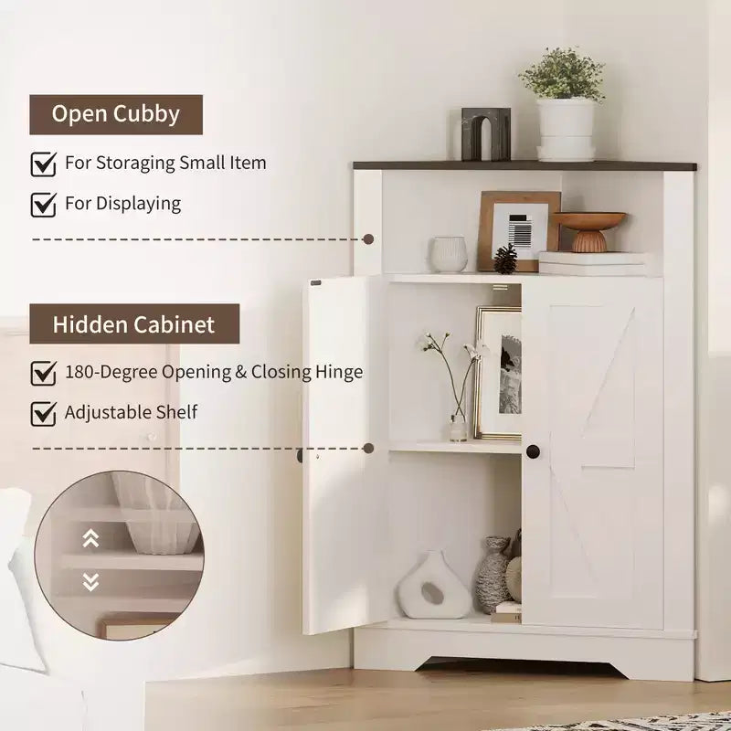 Armoire d'angle de ferme haute de 38,2 pouces avec 2 portes de grange, armoire de rangement de ferme, 3 étagères de rangement pour salon, cuisine, buanderie